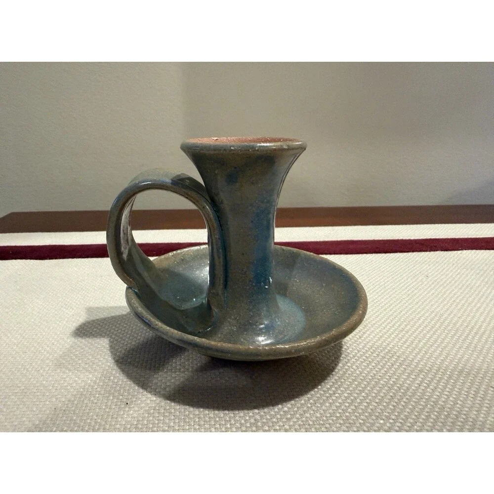Set of 2 Handmade Pottery Candlestick Holders Blue and Gray Glazed Signed